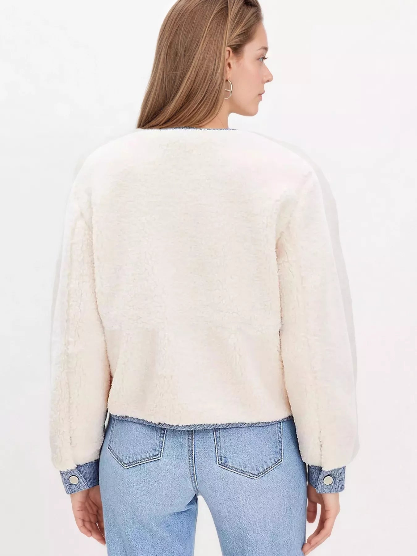 Women's Teddy Jacket White with Denim Contrast Trim Thick Outwear 8481f9a7e41d4f22a6ec030597221449-Max-Origin Trendsi
