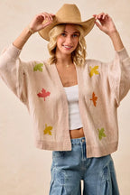BiBi Knit Cardigan Womens Oatmeal Two Tone with Leaf Patches Open 8488dafe6c3b433e9a46e23e65220e2f-Max-Origin Trendsi
