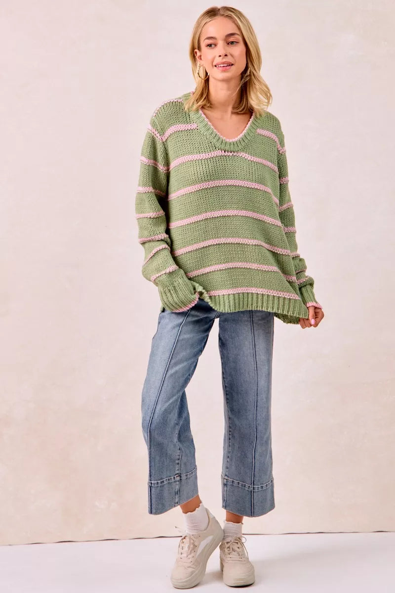 BiBi Womens Sweater Striped Sage Green Long Sleeve Oversized Pullover 848a3173a108461aaedf801c86f354c5-Max-Origin Trendsi