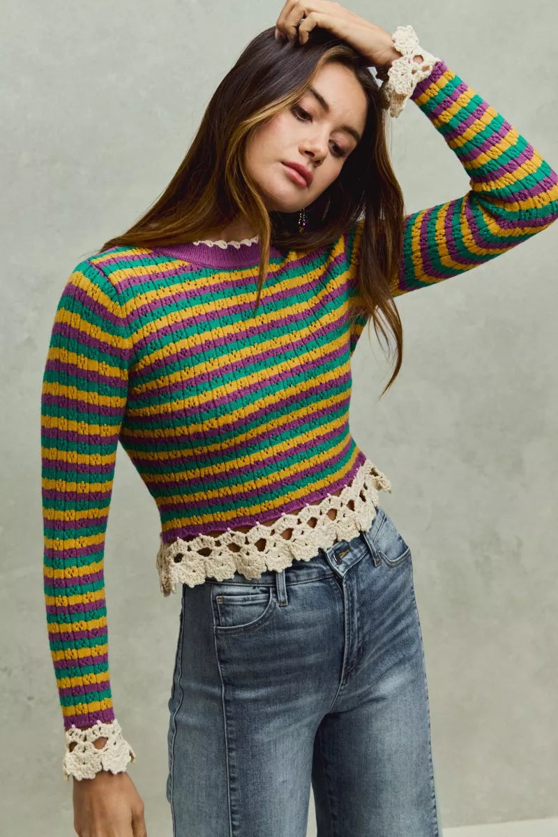 SO ME Mardi Gras Striped Cropped Knit Top with Crochet Edge 84927132898545c294a595441156e5e6-Max-Origin Trendsi