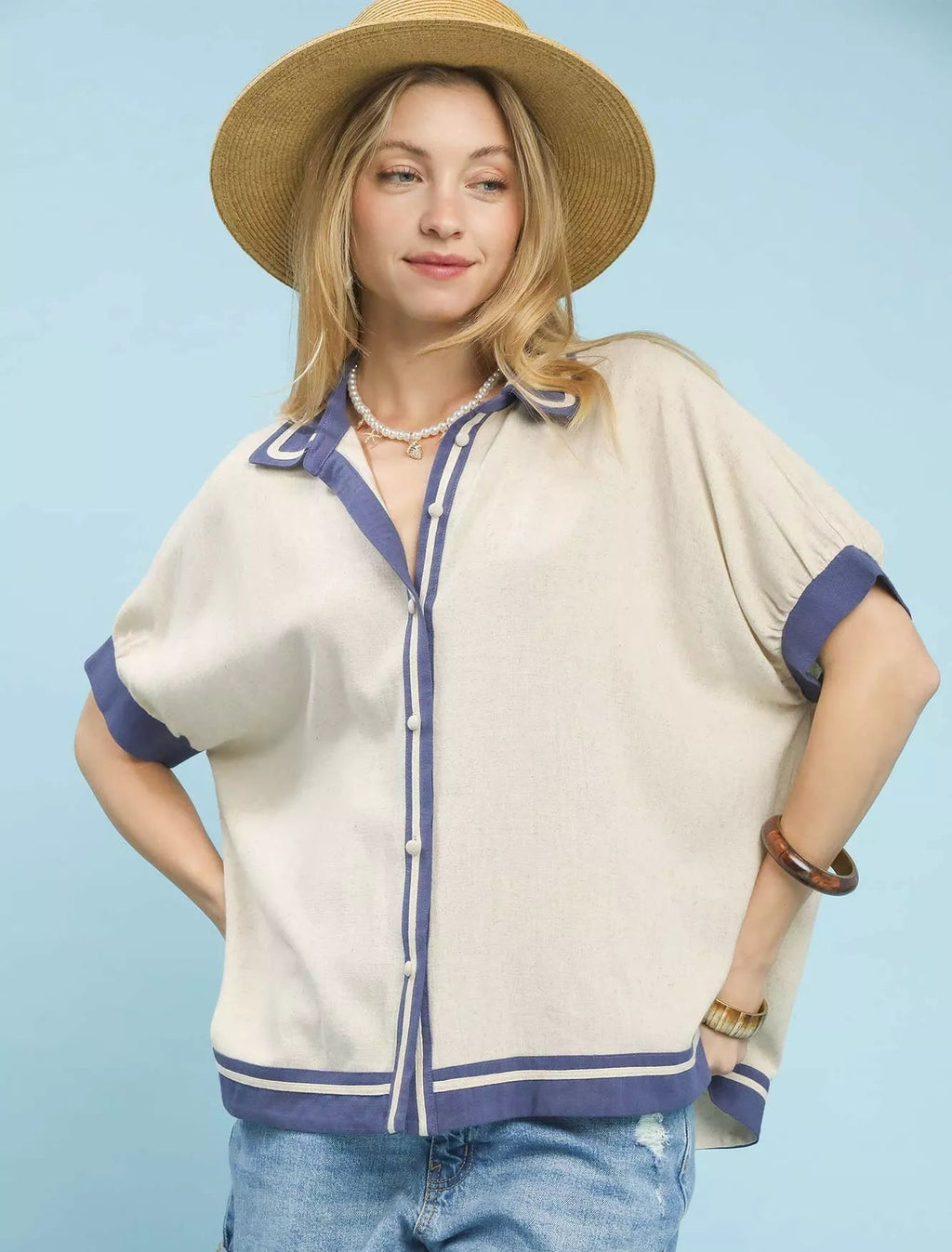 Umgee Linen Blouse Button Front Top with Contrast Piping Short Sleeve OATMEAL 849e6204-eed1-452d-88ae-2d65684fb8fb-Max-Origin Trendsi