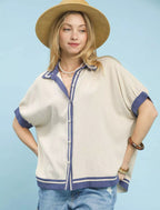 Umgee Linen Blouse Button Front Top with Contrast Piping Short Sleeve OATMEAL 849e6204-eed1-452d-88ae-2d65684fb8fb-Max-Origin Trendsi