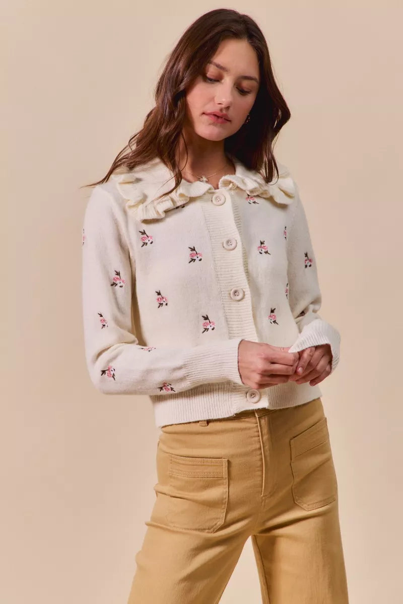 SO ME Women's Cardigan Cream Floral Embroidered Collared Long Sleeve Sweater 84a1429e63b84a8e872d3bf9e9f8bd06-Max-Origin Trendsi