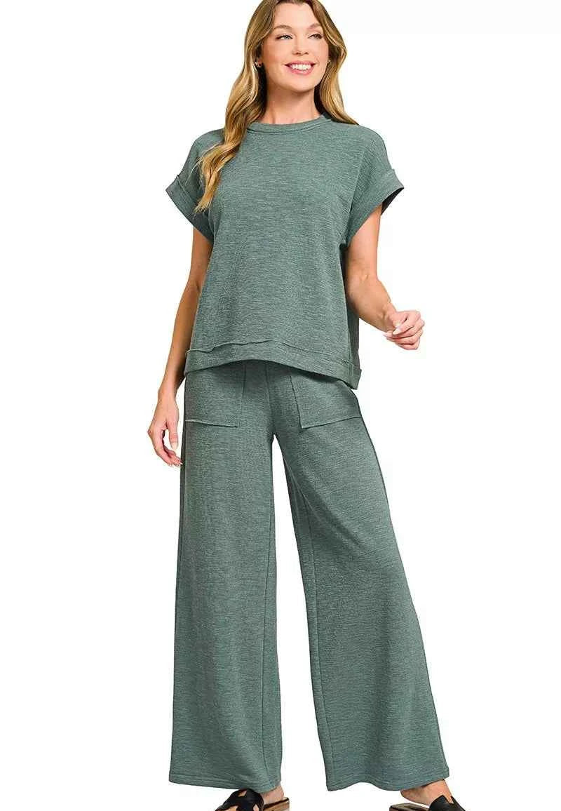 Zenana Cotton Slub Short Sleeve Tee and Pants Set