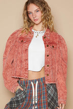 POL Cropped Denim Jacket Brick Red Raw Hem Button Up Long Sleeve 84b6d409-8186-4399-b595-d806c5af871b-Max Trendsi