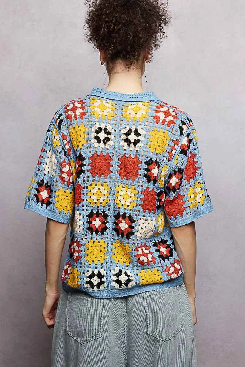 POL Crochet Women Shirt Sky Multi Floral Short Sleeve Relaxed Fit Top 84b6f79f-5130-417e-8320-10148a28eeb8-Max-Origin Trendsi