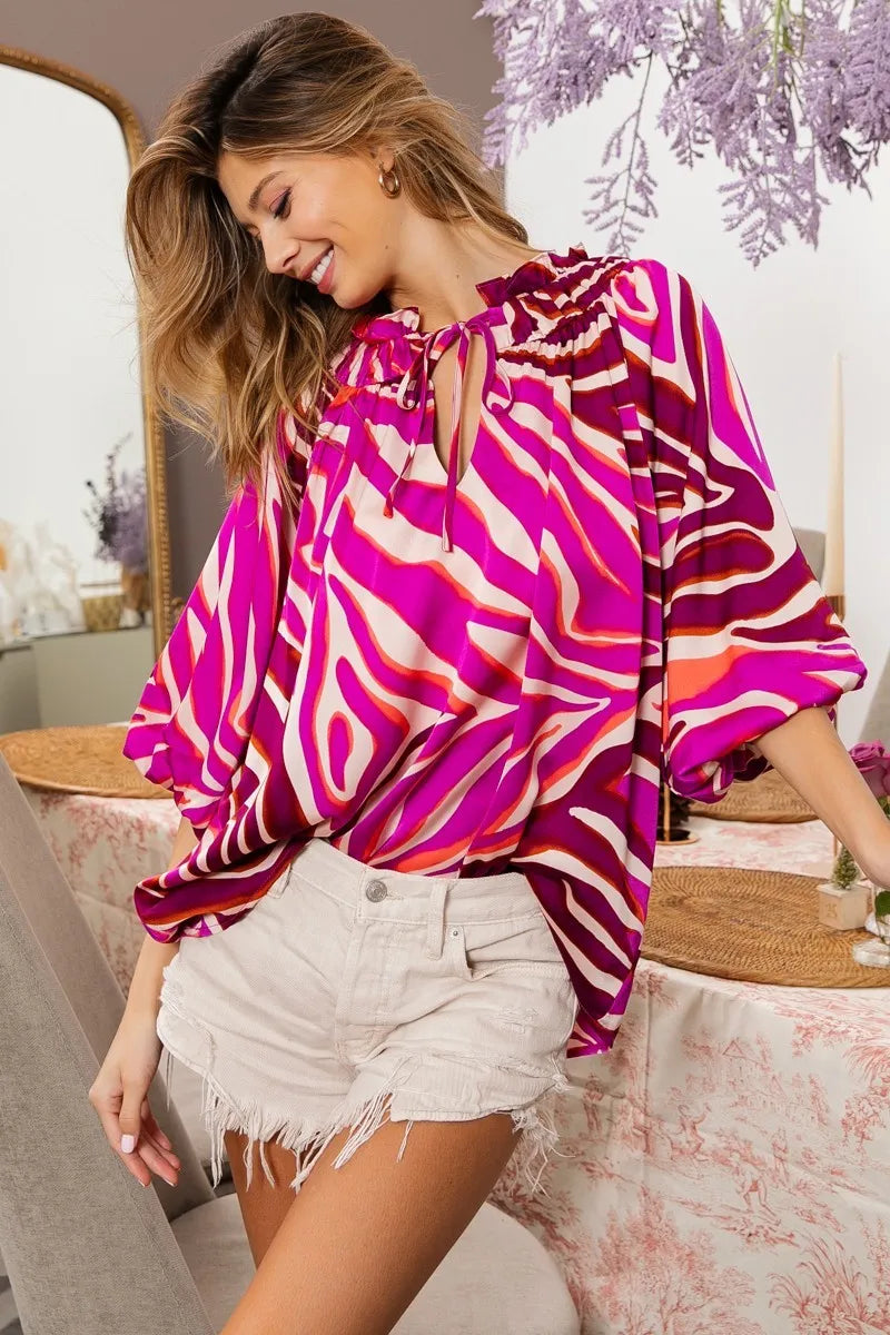 BiBi Satin Top Zebra Hot Pink Tied Neck Half Balloon Sleeve Oversized 84be3608889947908452fe13ba9ce5b2-Max-Origin Trendsi