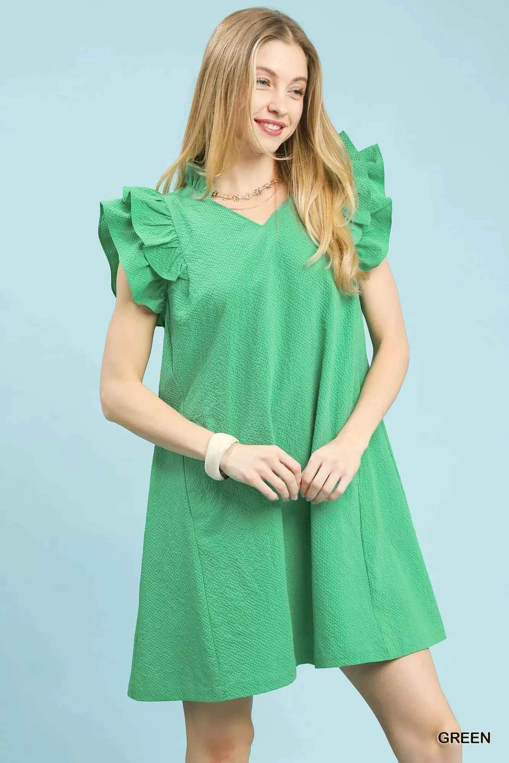 Umgee Shift Dress Green Seersucker Ruffle Short Sleeve 84c9067e-5c88-49be-b0ce-3fcd05edfe6a-Max-Origin Trendsi