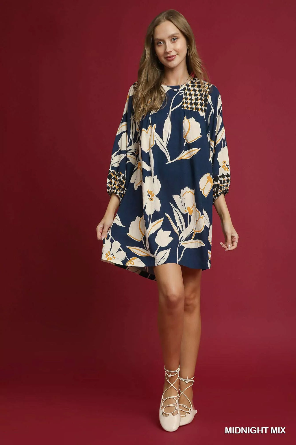 Umgee Babydoll Dress Navy Mix Floral High-Low 3/4 Sleeve 84e3cbd3-0892-4583-a6df-b762acf4cc15-Max-Origin Trendsi