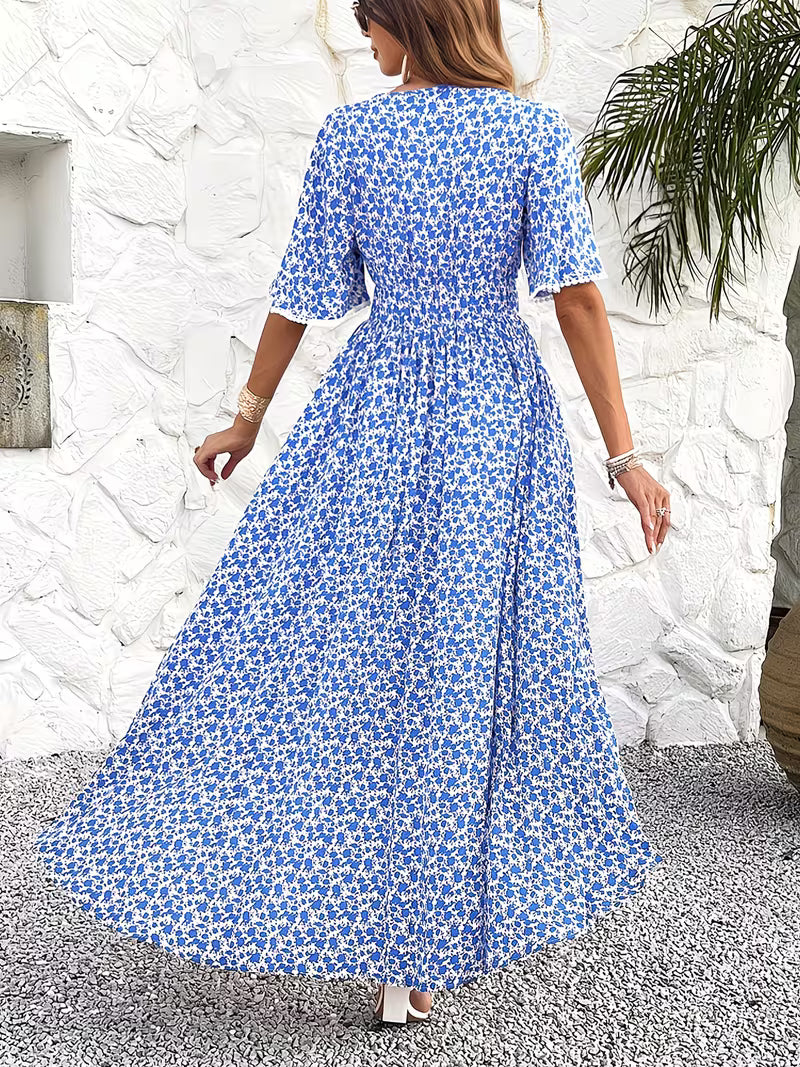 Women's Floral Midi Dress V-Neck Ruffle Short Sleeve Summer Fashion