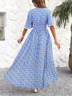 Women's Floral Midi Dress V-Neck Ruffle Short Sleeve Summer Fashion