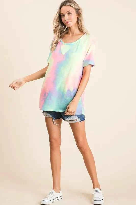 BiBi Women T-shirt Tie Dye Pastel Multi Color French Terry Print Top 84f15603dd914f92bc6ea9fd5058a90b-Max-Origin Trendsi