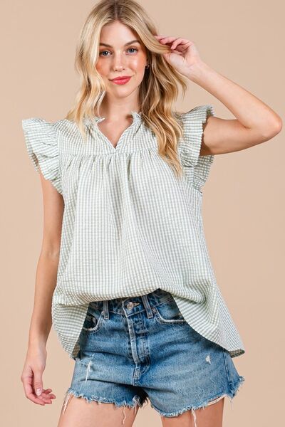 Ces Femme Plaid Blouse Notched Ruffled Cap Short Sleeve Light Green Light Green 84f1da9e-0551-4174-be5d-6a3952f26750-Min Trendsi