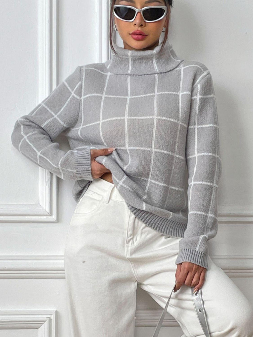 Plaid Sweater Turtleneck Knit Long Sleeve Knitwear 84f7943d-6730-4271-9076-9e595b118265-Max Trendsi