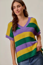 SO ME Women Sweater Purple Mix Mardi Gras Loose Fit V Neck Stripe Top 84fac7405aa84154acb9b0581786764d-Max-Origin Trendsi