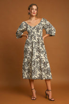Umgee USA Dress Floral Cream Ruched V Neck High Waisted Knee Length 84fb3a70-fd1c-4b62-8cf4-3cf27ac629a4-Max Trendsi