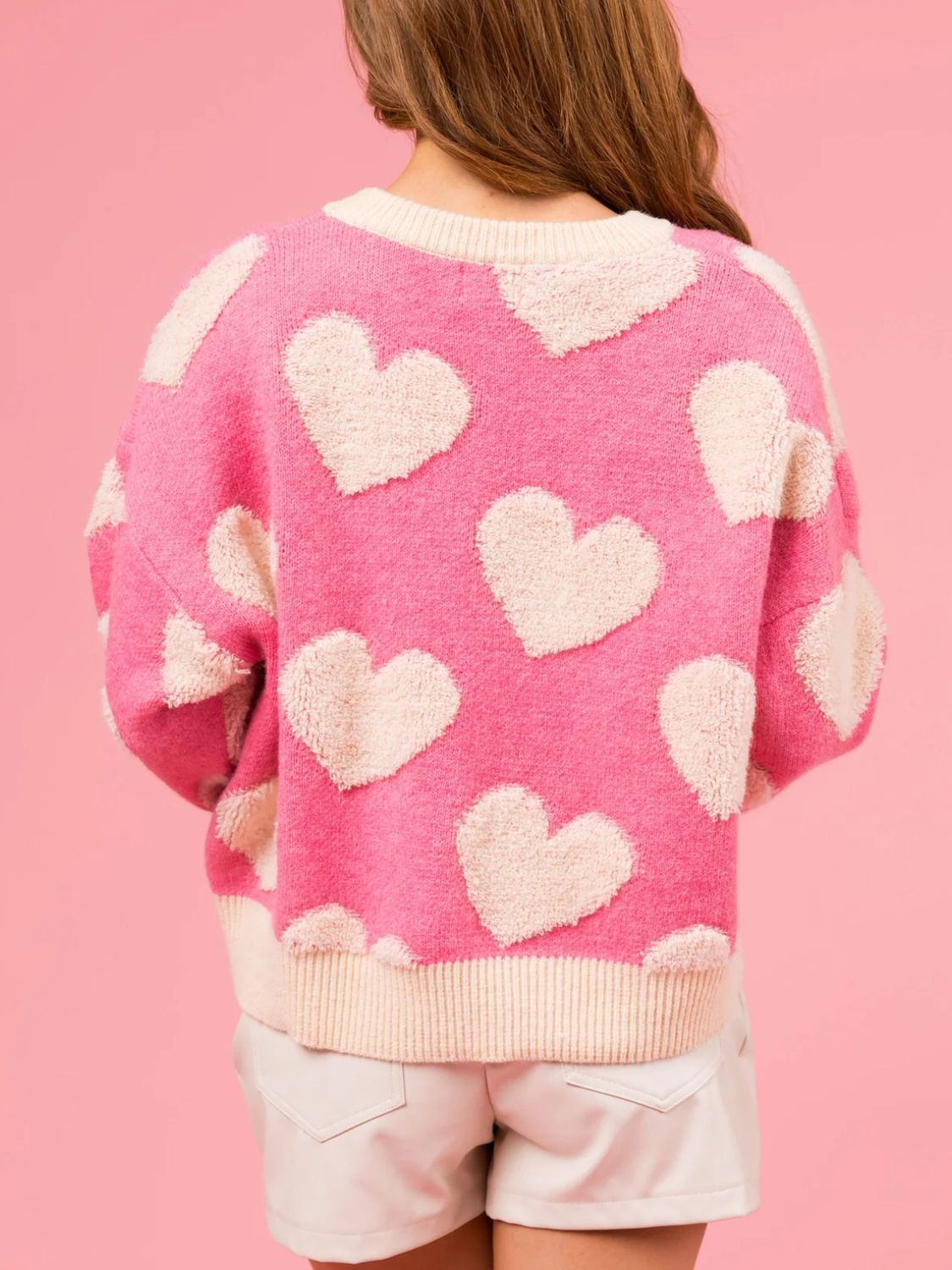 Valentine’s Day Women Sweater Fuzzy Red Heart Round Neck Long Sleeve