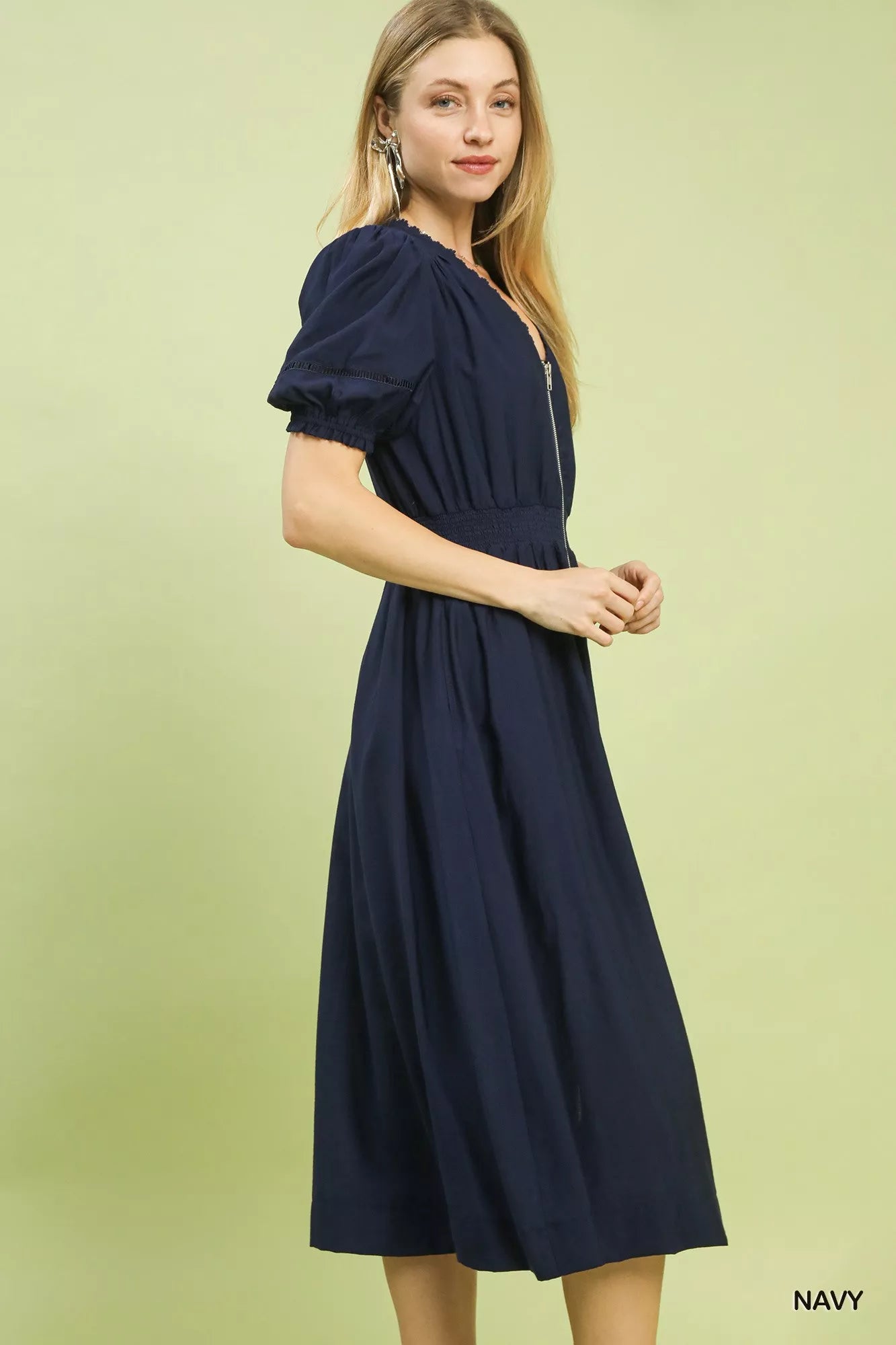 Umgee Midi Dress Navy Blue Zip-Front Smocked Waist Short Puff Sleeve 85069b67-ed39-41ec-8e3c-45573c81cd68-Max-Origin Trendsi