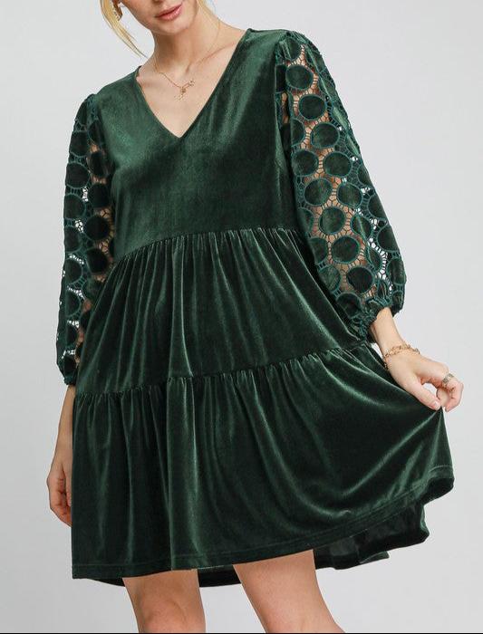 Umgee Velvet Mini Dress Dark Green Dotted Flower Lace Long Sleeve Tiered