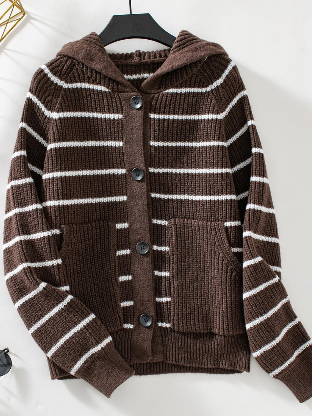 Striped Cardigan Button Up Long Sleeve Hooded Knitwear Chocolate 852731f9-ce15-402e-9a3f-53b60e5bbdd5-Max Trendsi