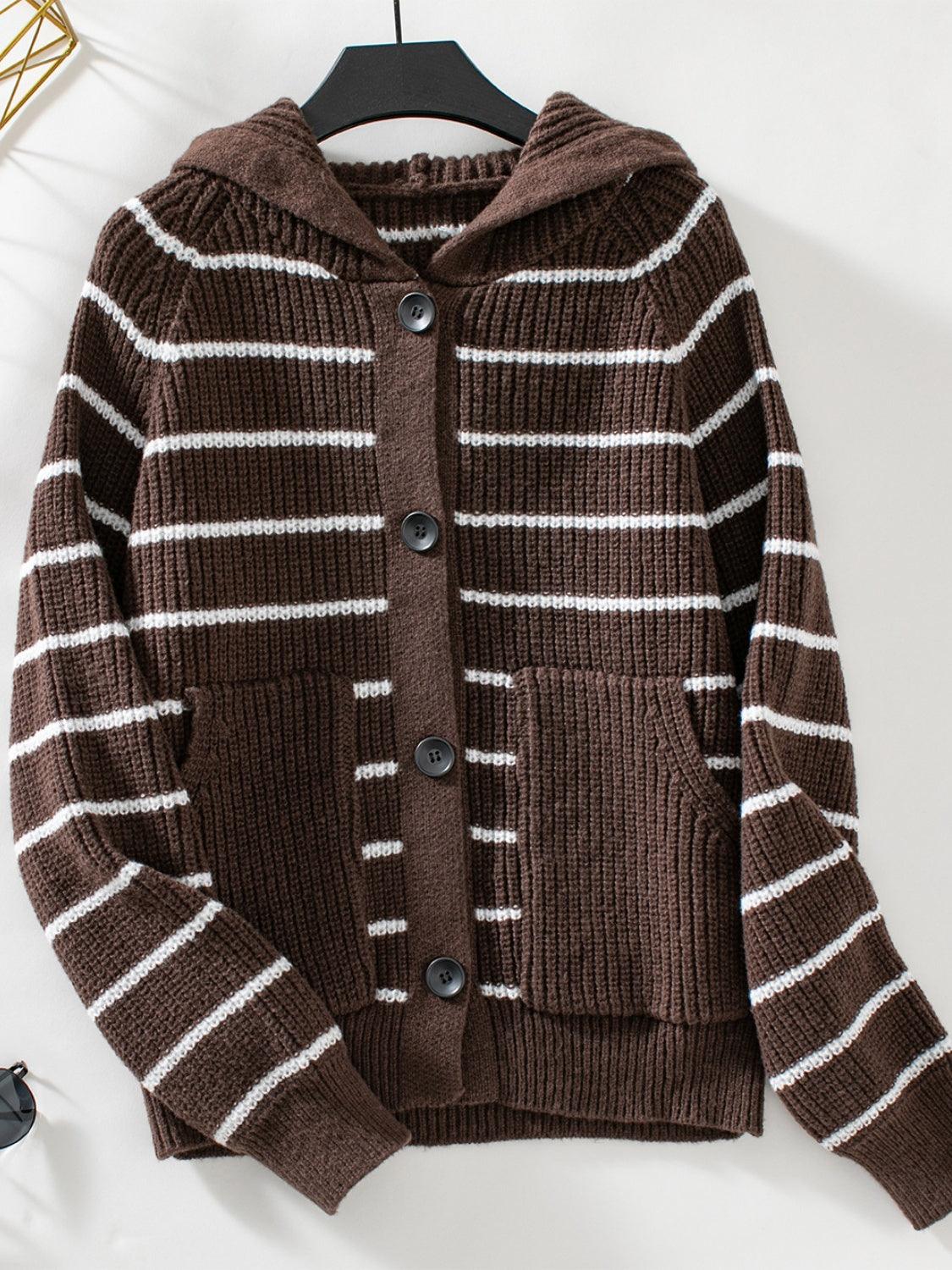 Striped Cardigan Button Up Long Sleeve Hooded Knitwear Chocolate 852731f9-ce15-402e-9a3f-53b60e5bbdd5-Max Trendsi