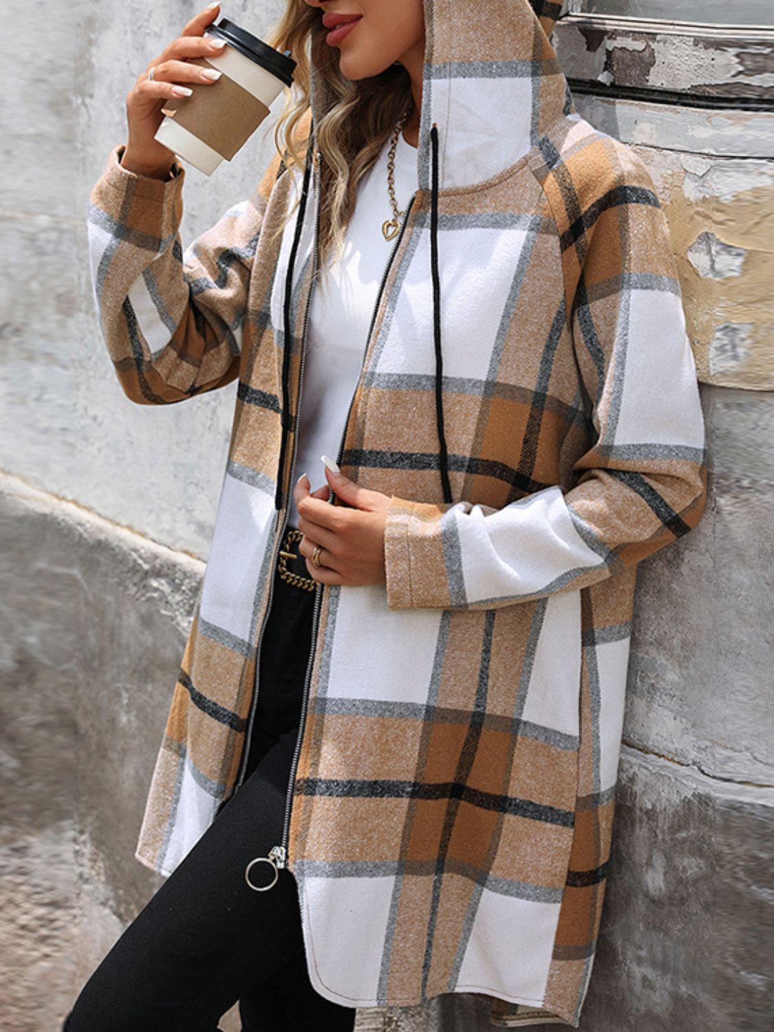 Hooded Plaid Coat Drawstring Hood Zip Up Long Sleeve Outerwear 8527b460-2516-4000-8fd0-12ac3dc516ce-Max Trendsi