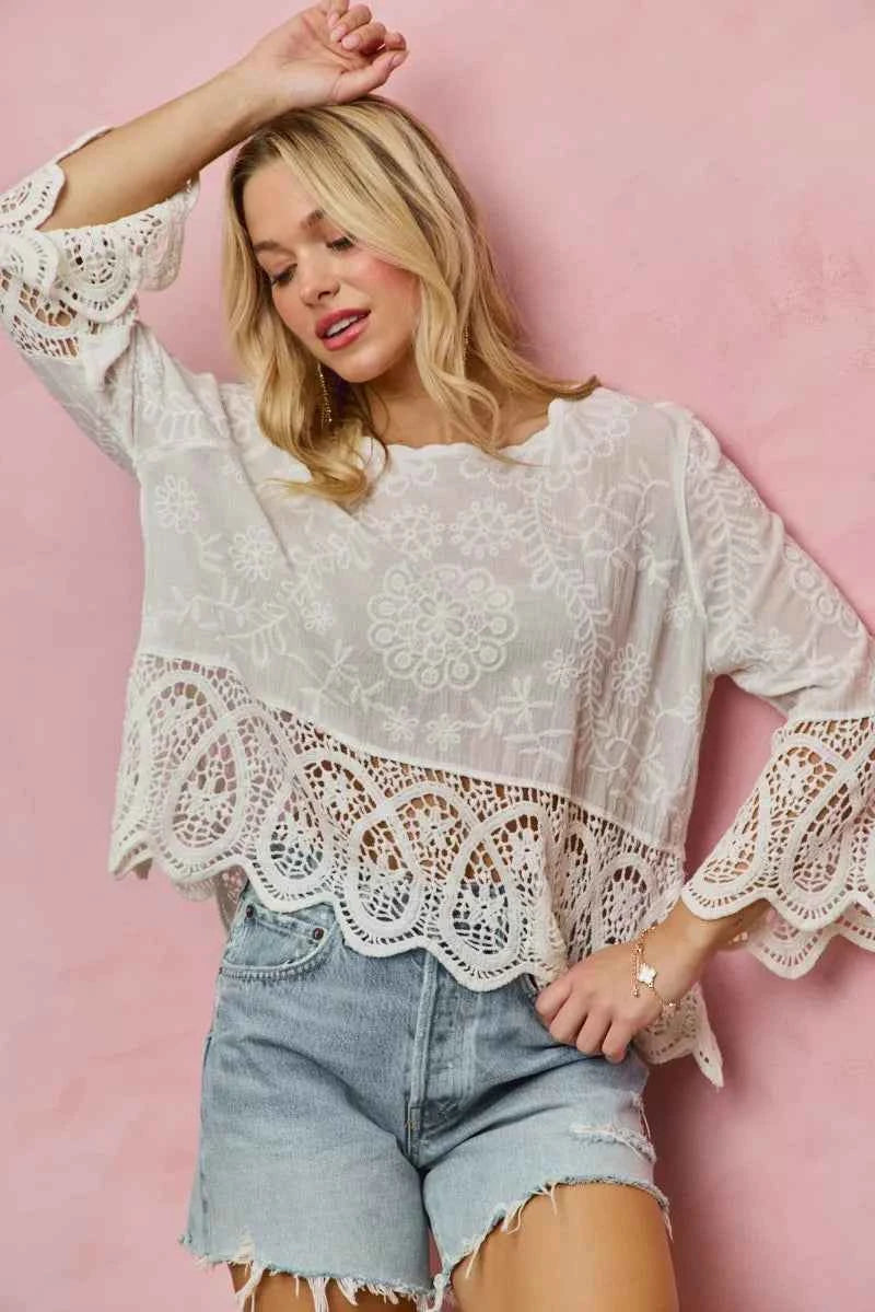 SO ME Floral Embroidered Crochet Lace Trimmed Top