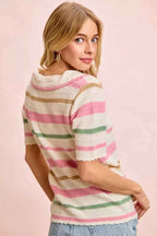 BiBi Multi Colors Stripes Collared Knit Top