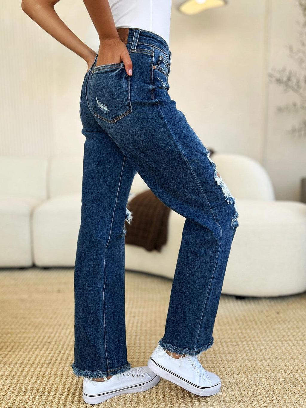 Denim Pants Judy Blue Plus Size Mid Rise Distressed Raw Hem Jeans 85486c2d-918f-4cf5-9fdd-785a2dc167dd-Max Trendsi