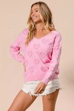 BiBi Women's Knit Top Pink Valentines Heart Pompom V Neck 8549c93227cd47b4a9dd47a7e982c682-Max-Origin Trendsi