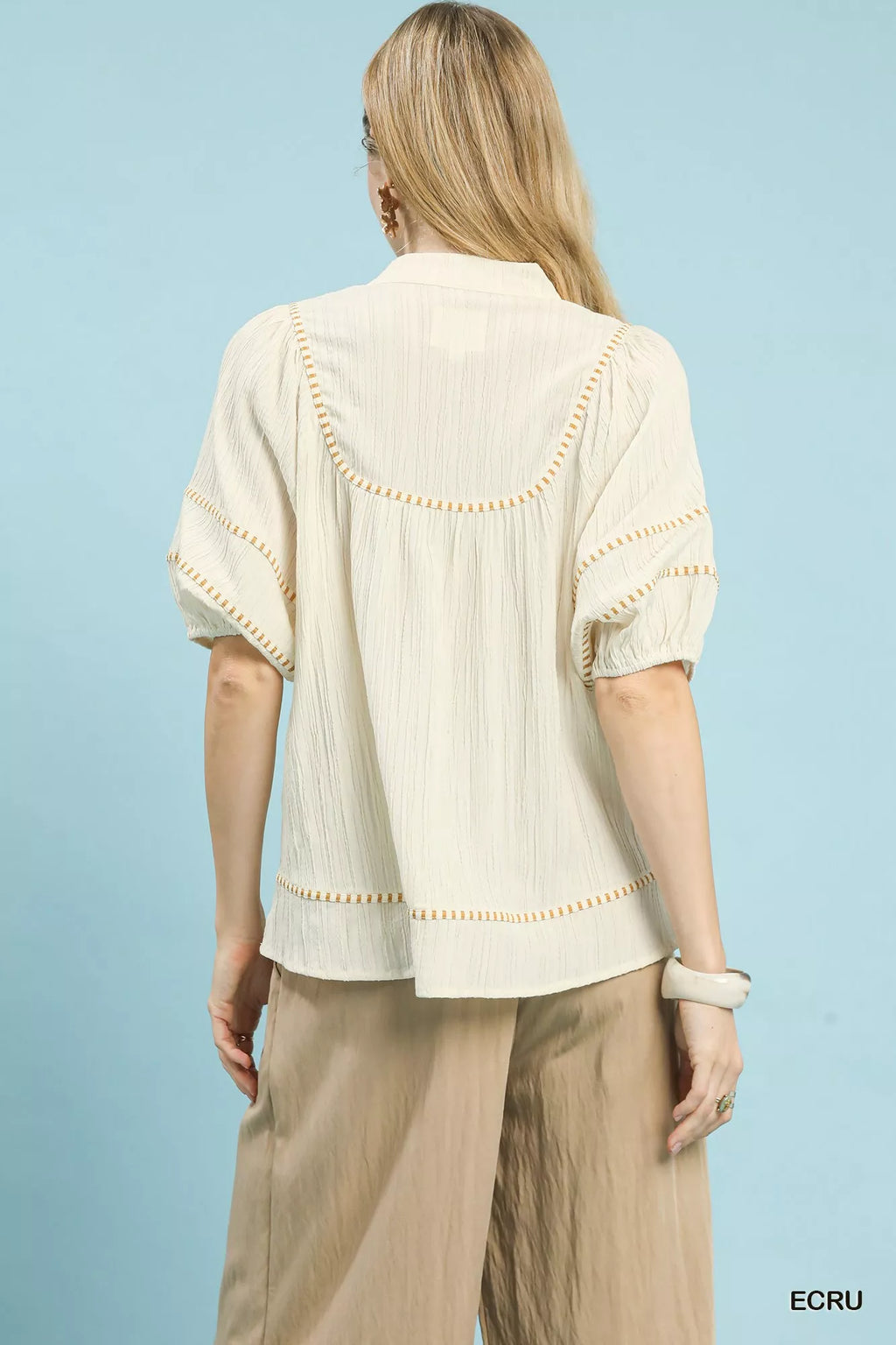 Umgee Womens Blouse Ecru Textured Short Sleeve Top with Contrast Trim 854e9ae6-a1b4-46af-9e36-a6eb3c24553b-Max-Origin Trendsi