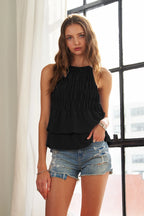 ADORA Ruffle Top Halter Neck Black Smocked Layer Hem Tank Smocked 8558075769454fa0a34bff5aecfcc367-Max-Origin Trendsi