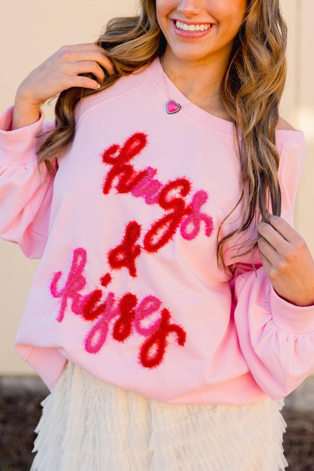 Valentine’s Day Pink Sweatshirt HUG AND KISSES Embroidery Round Neck Tops