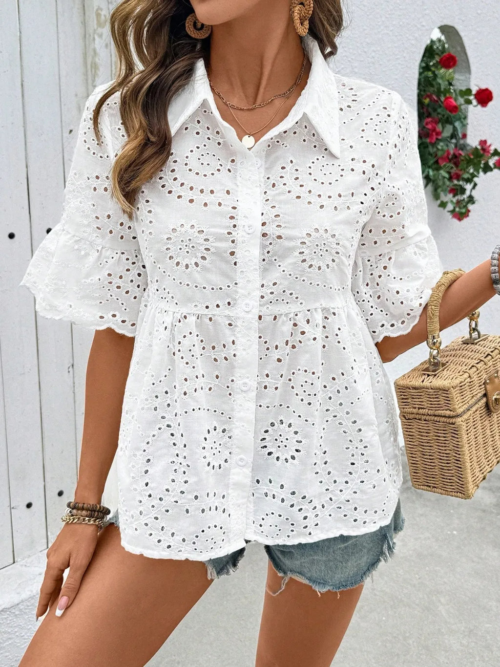 Lace Eyelet Women's Shirts Collared Neck Half Ruffle Sleeve Tops White 856d8915-6cae-497d-8d9f-8822b095e486-Max-Origin Trendsi