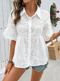 Lace Eyelet Women's Shirts Collared Neck Half Ruffle Sleeve Tops White 856d8915-6cae-497d-8d9f-8822b095e486-Max-Origin Trendsi