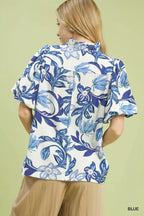 Umgee Womens Blouse Blue Lush Blossom Print Puff Sleeve Top with Ruffle Trim 856f6833-819c-4382-ab84-6650f2836169-Max-Origin Trendsi