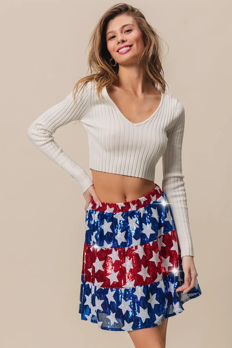 BiBi Sequin Skirt American Flag Theme Star Tiered Short Layered 8571b446c60b4edc946a5f204ef73921-Max-Origin Trendsi