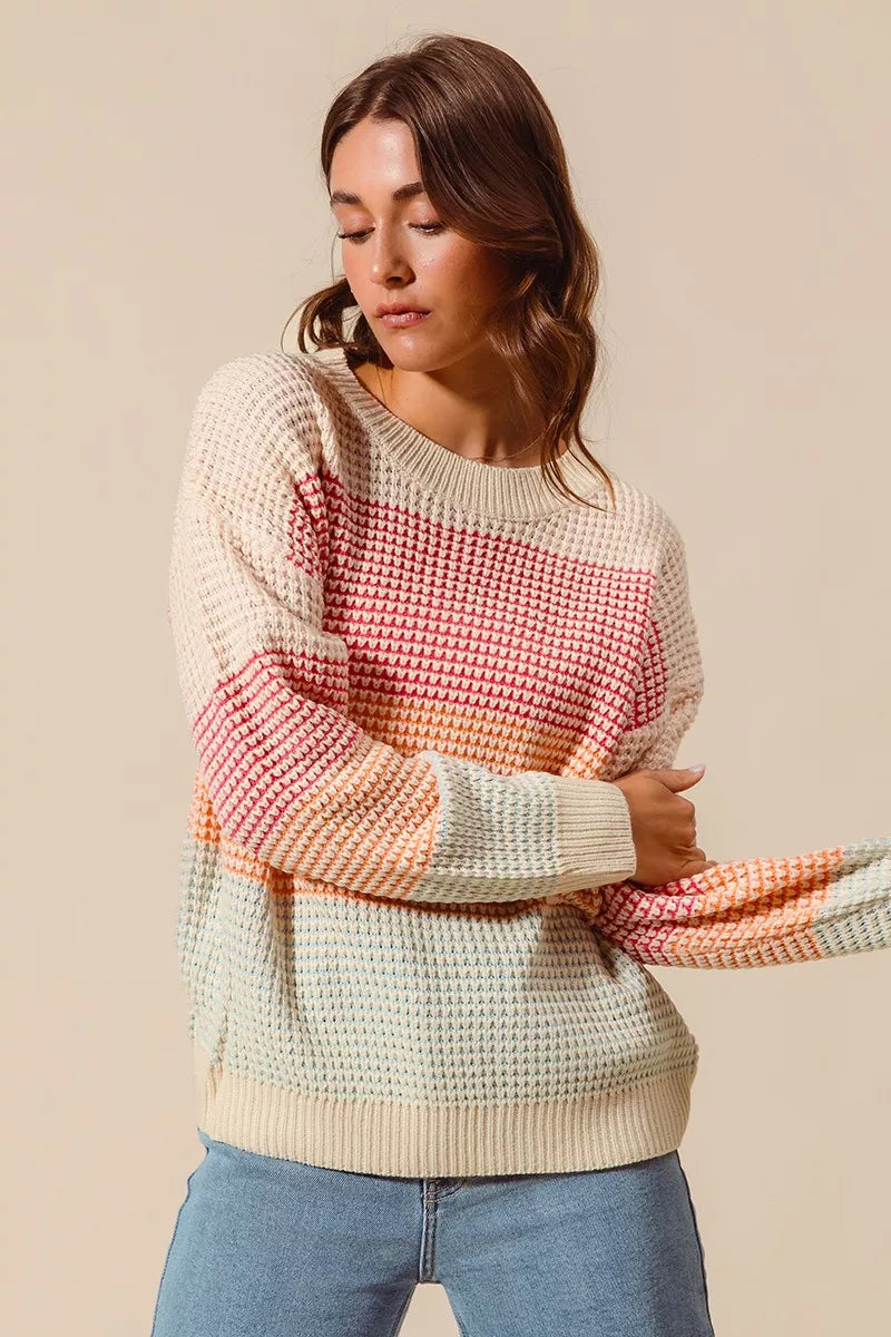 SO ME Womens Sweater Multi Color Block Stripe Long Sleeve Pullover 8577b7cd33a74c999a36a1190e0e6949-Max-Origin Trendsi