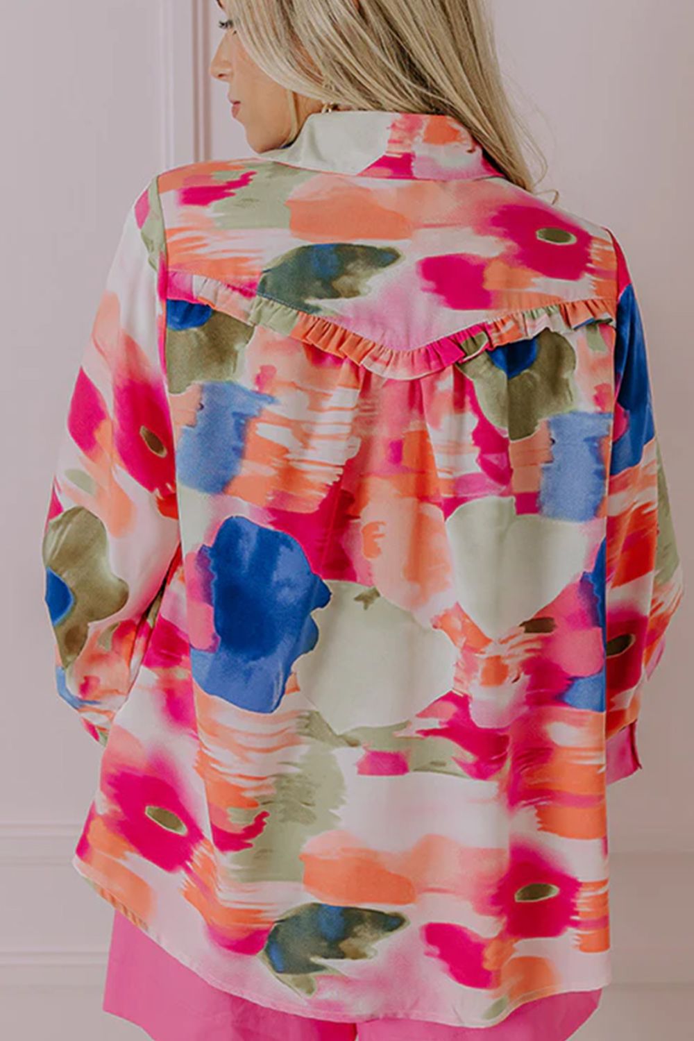 Women's Shirt Floral Pink Print Collared Ruffle Long Sleeve Blouse 857e3a51-ee75-437b-9e2e-319020dd0079-Max Trendsi