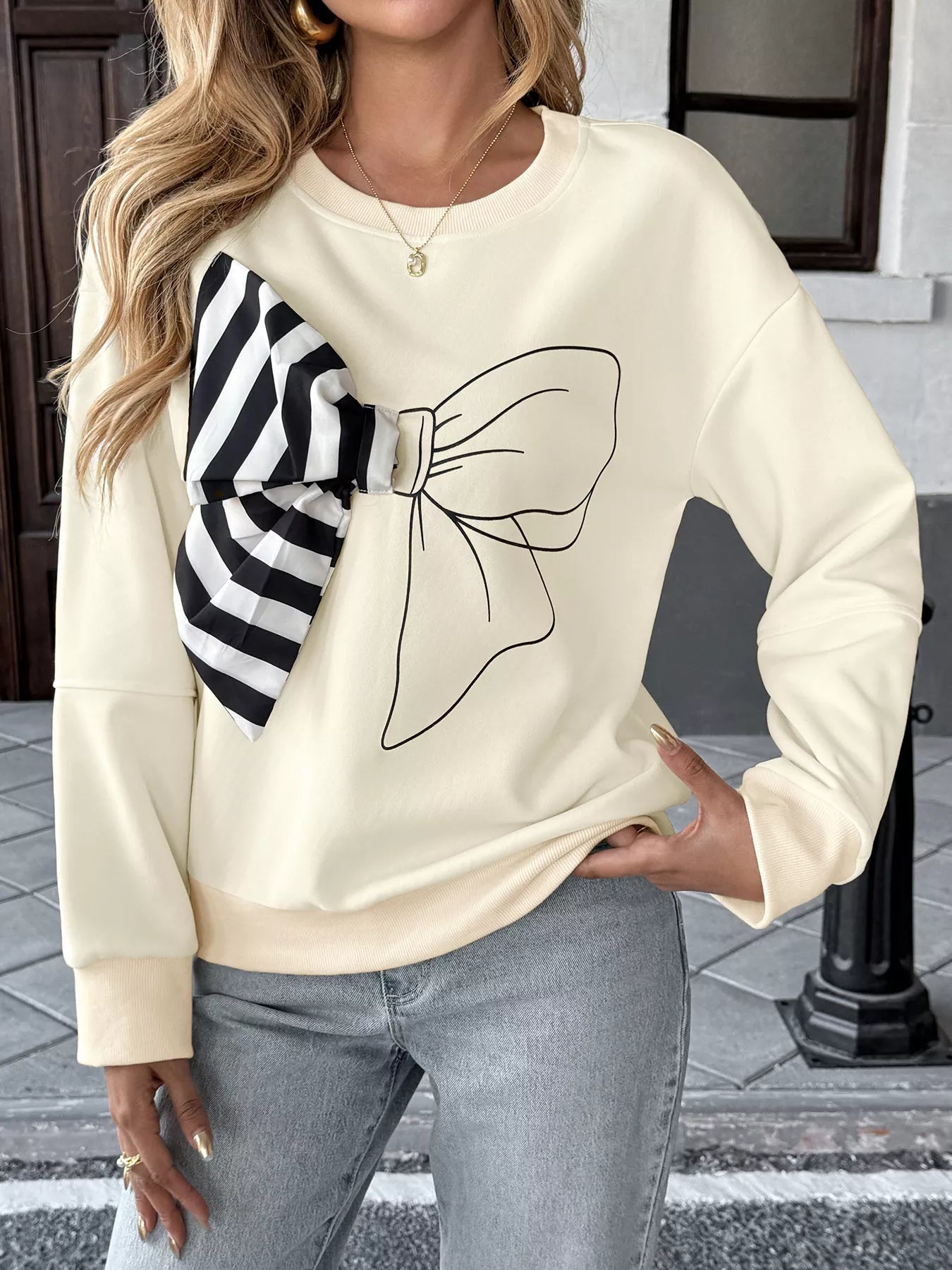 Women's Sweatshirt Beige Bow Round Neck Dropped Shoulder Long Sleeve Beige 8581acac7c204aa58573e3910d00648a-Max-Origin Trendsi