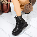 Women's Boots Black Pu Leather Round Toe Block Mid Heels Shoes Black 858270b00c5a4de7b8885006baf806d8-Max-Origin Trendsi