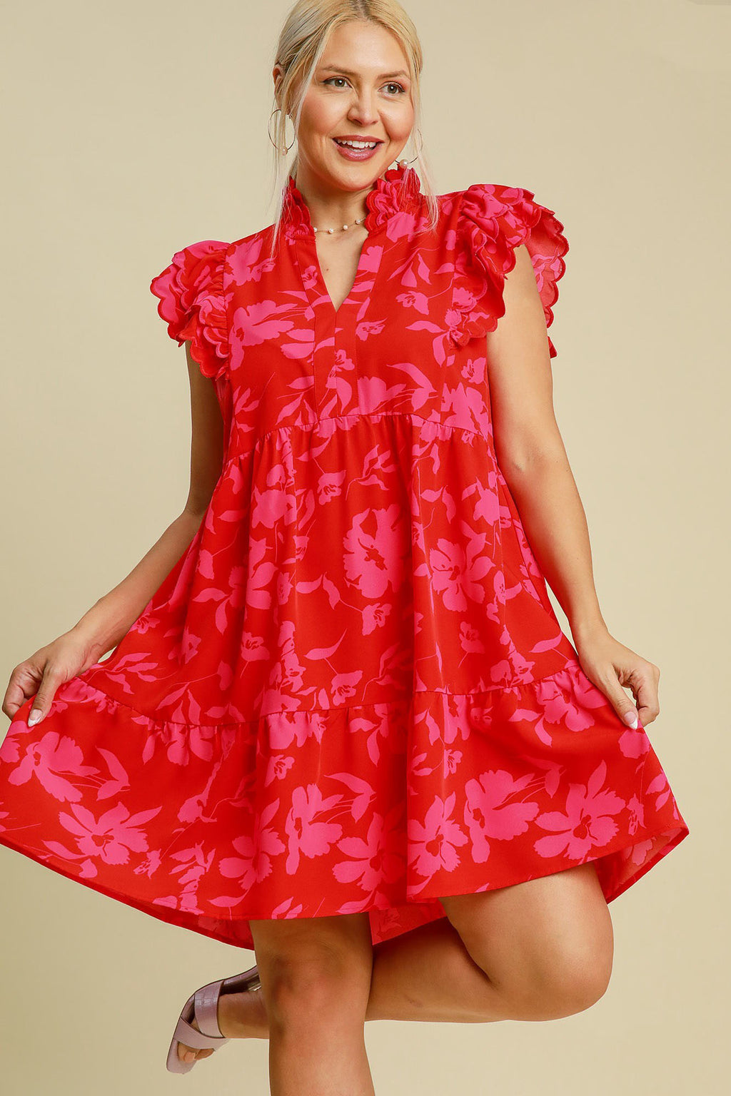 Umgee Red Floral Mini Dress Ruffle Cap Short Sleeve Tiered Dress Plus Size 8583094d-4d95-4017-90f4-44931678ed07-Max Trendsi