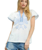 Umgee Abstract Applique Split Neck Top