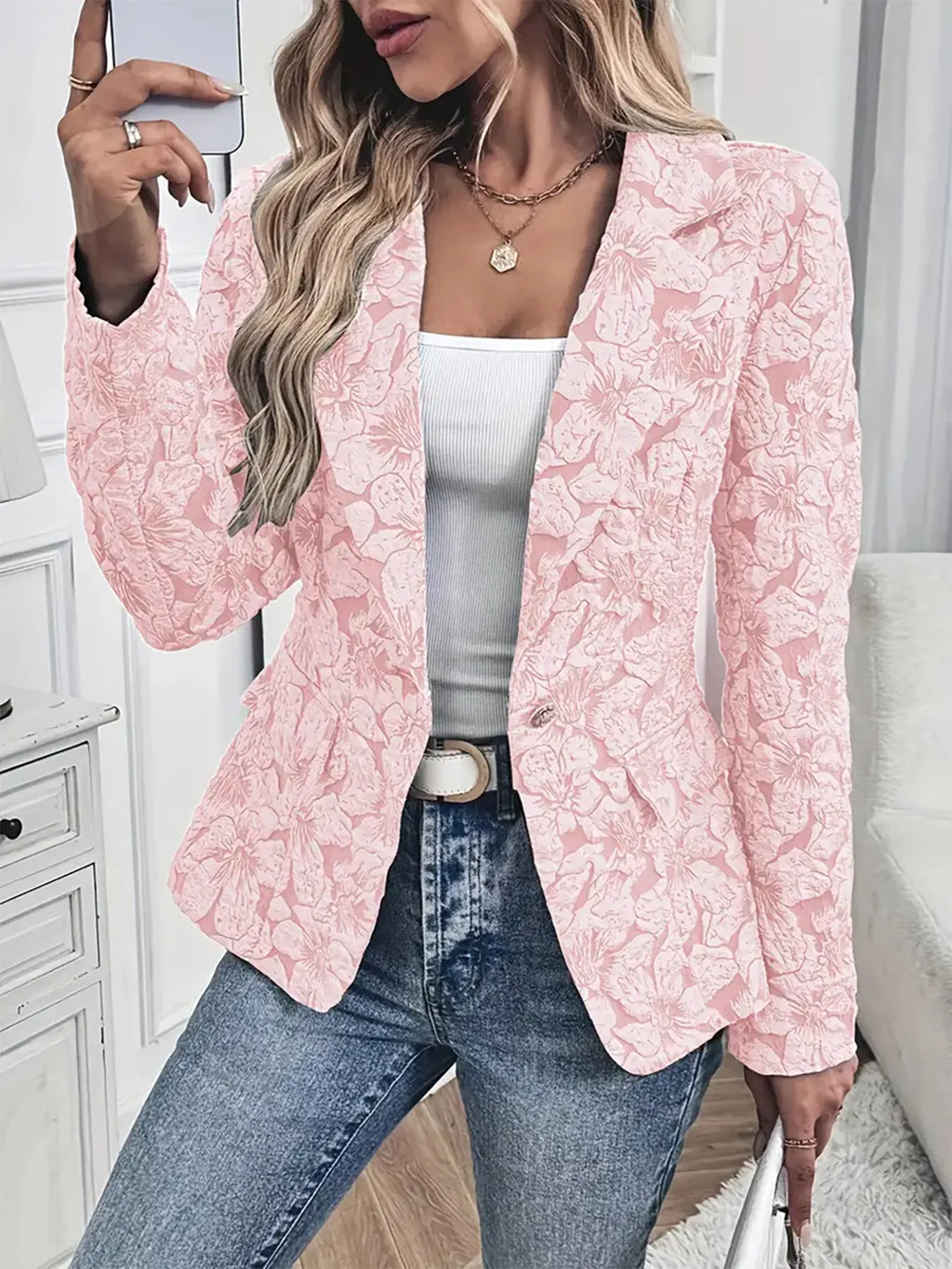 Women's Blazer Pink Floral Print Single Button with Pockets 859ba8160f5943aa8adc4f6876cdcd3c-Max-Origin Trendsi