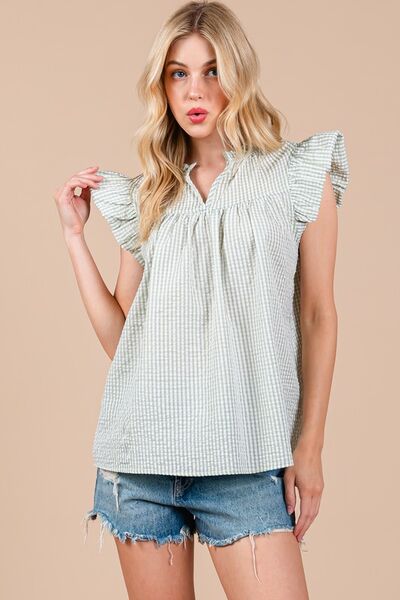 Ces Femme Plaid Blouse Notched Ruffled Cap Short Sleeve Light Green 85a1a160-d84c-494b-9275-111b8a5811c9-Min Trendsi