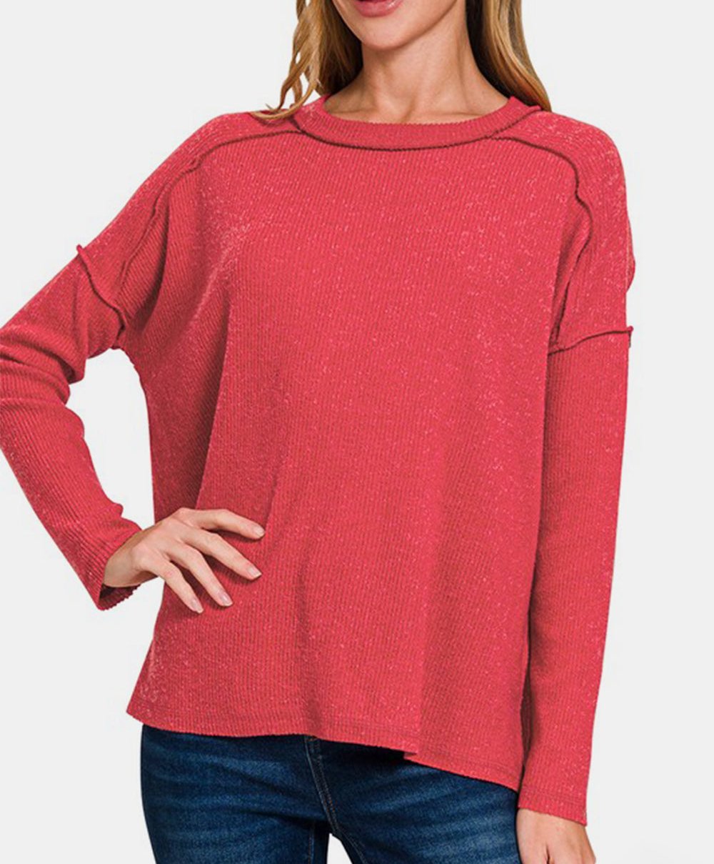 Zenana Red Women Sweater Exposed Seam Brushed Round Neck High-Low