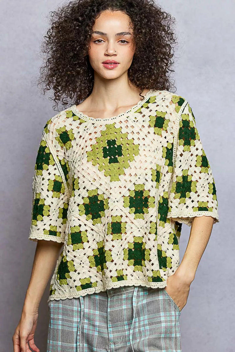 POL Womens Crochet Top Olive Multi Color Pattern Short Sleeve with Border Accents OLIVE MULTI One Size 85a32ab4-c754-40bf-93ef-dce265793f3b-Max-Origin Trendsi