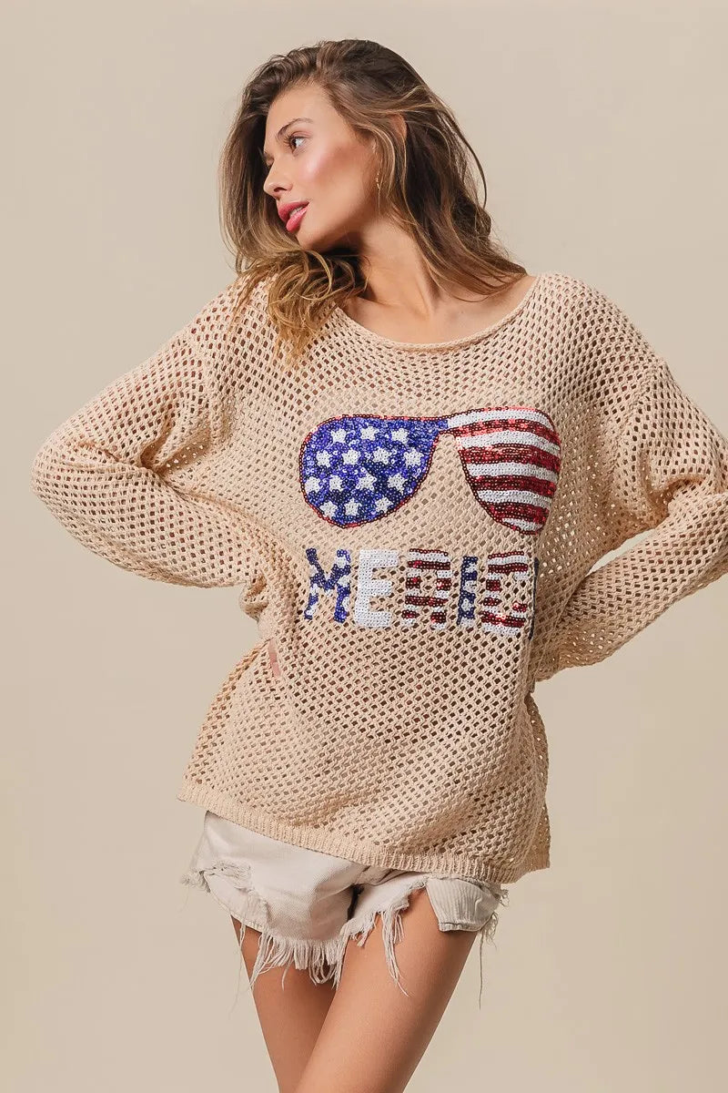 BiBi Knit Top Sequin American Flag Sunglasses Long Sleeve 85a39b8798a145d985afa125101860cd-Max-Origin Trendsi