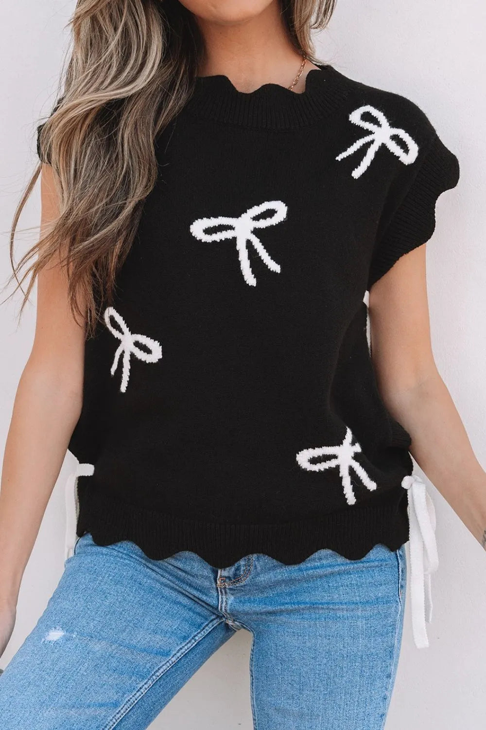Women's Sweater Black Bow Side Ties Scalloped Hem Cap Sleeve 85acdb15-fbe9-4ded-9058-cf1a72d91068-Max-Origin Trendsi