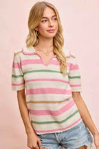 BiBi Multi Colors Stripes Collared Knit Top